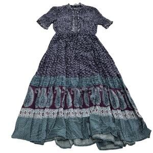 eShakti Dress Womens 2 Purple Blue Paisley Boho Maxi Indian Rayon Cotton Pockets